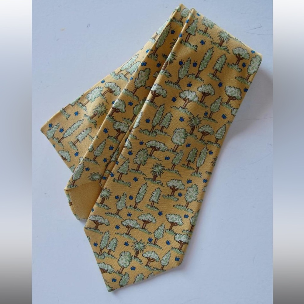 Hermes Yellow Tie with Green and Blue Tree Pattern